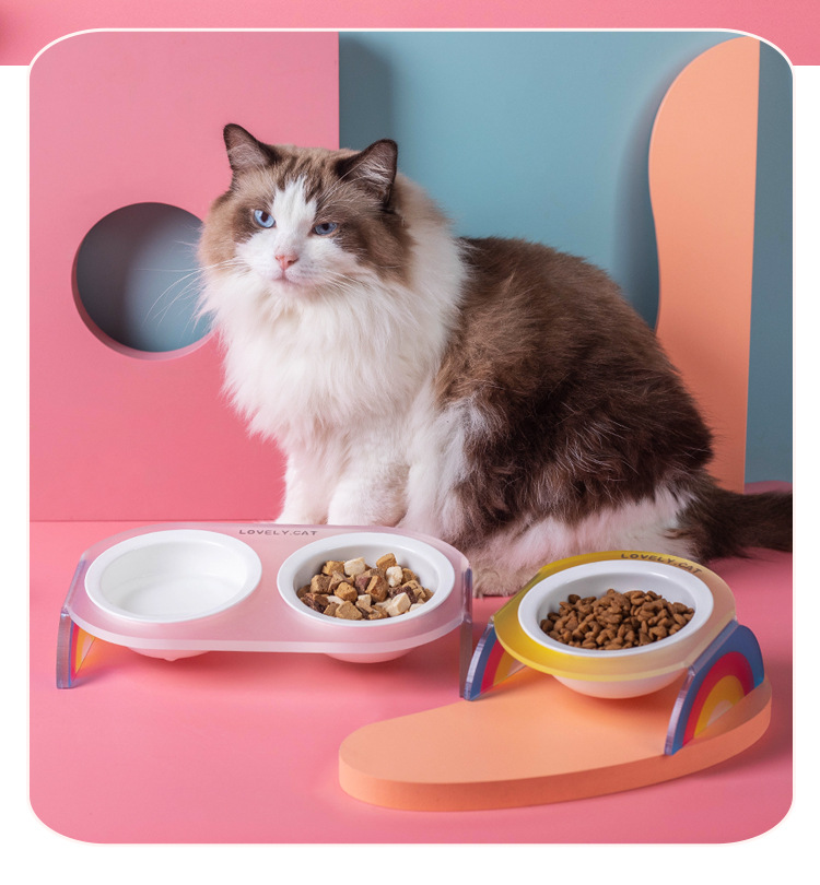 猫碗陶瓷双碗水碗粮碗高脚倾斜护颈椎宠物碗彩虹亚克力架宠物用品详情12