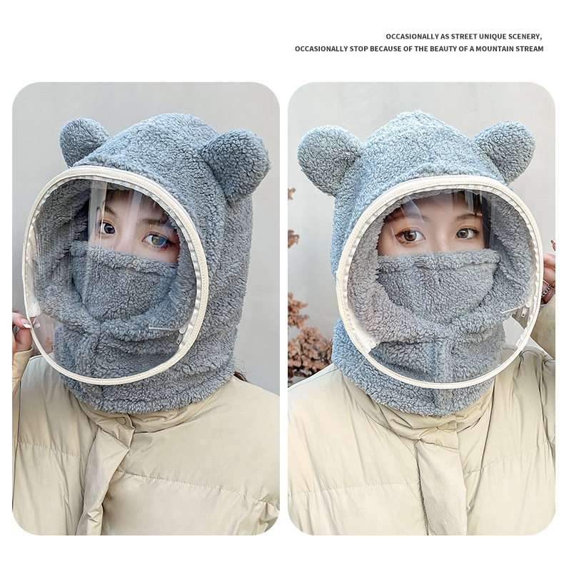 防风帽子带面罩女冬季骑车围脖一体帽加厚保暖护耳可爱小熊套头帽详情21