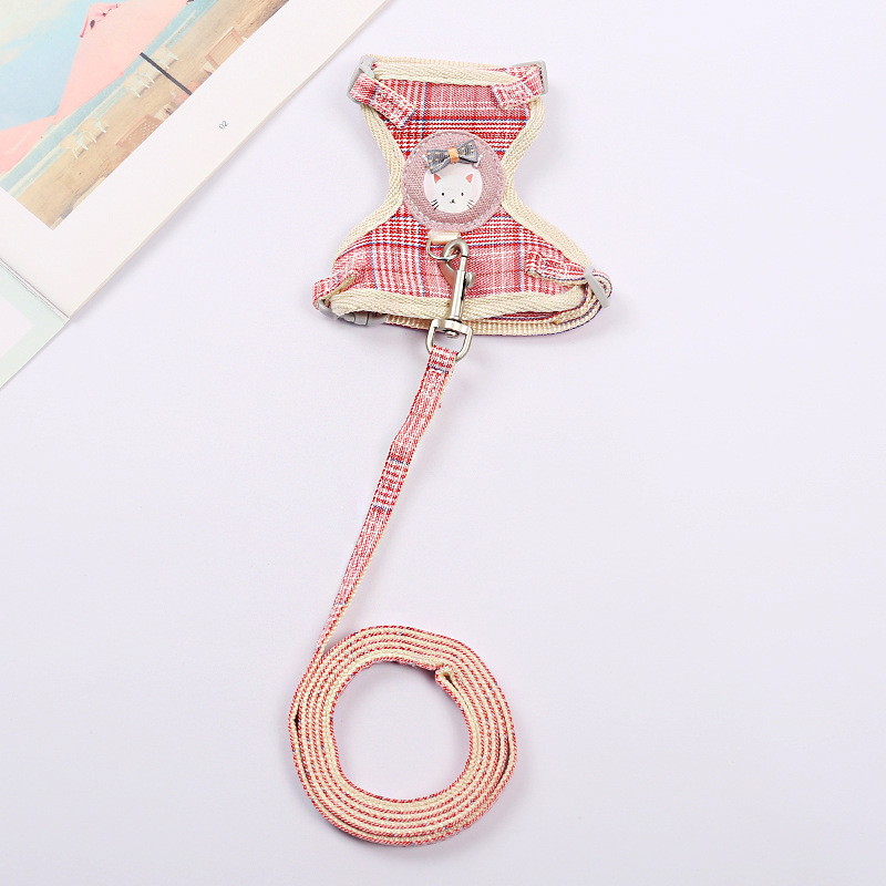 Wholesale of cartoon cute cat I-shaped chest and back straps, durable pet leashes, pure cotton webbing cat chains pic 7