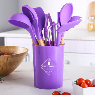 Cross-border best-selling 12-piece set of wooden handle kitchenware, FDA silicone non-stick cookware, cooking spatula and baking set with storage bucket pic 7