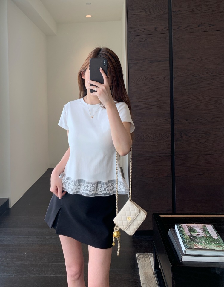 A13512甜美少女感 设计感下摆蕾丝花边拼接显瘦短袖T恤女春夏新详情10
