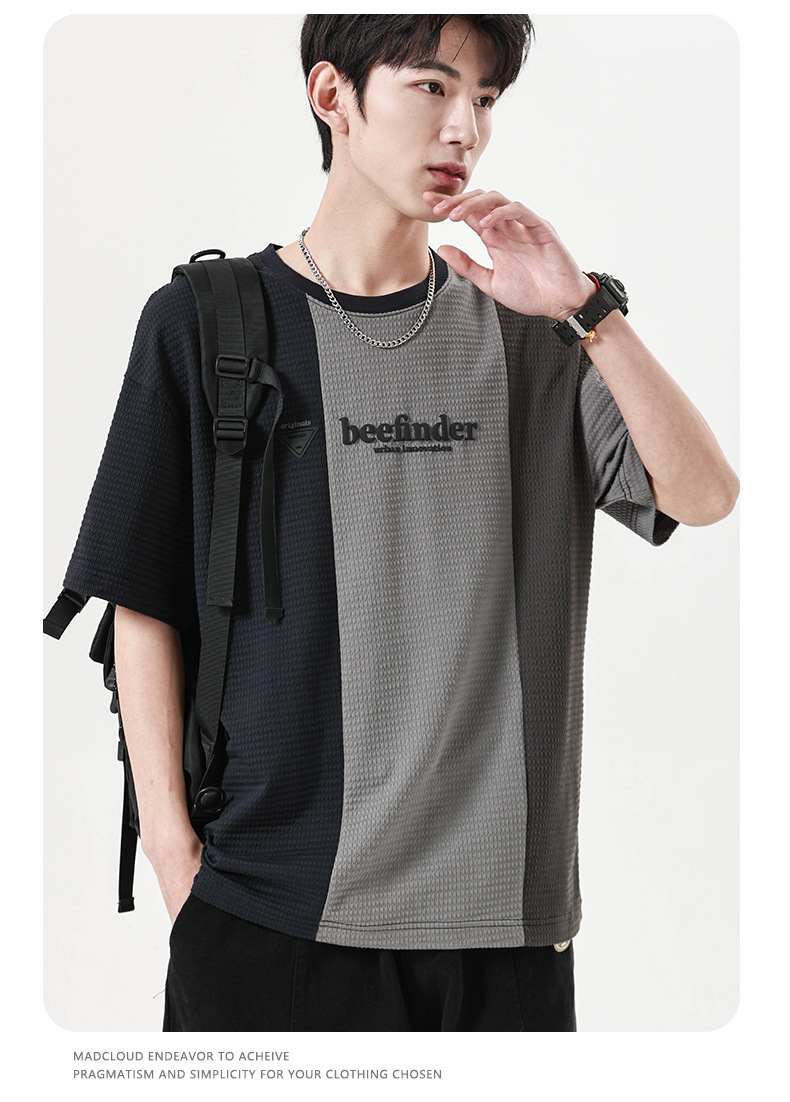 Summer Waffle short-sleeved T-shirt for men, loose round neck, color-blocked trendy brand, Japanese retro half-sleeved men pic 9