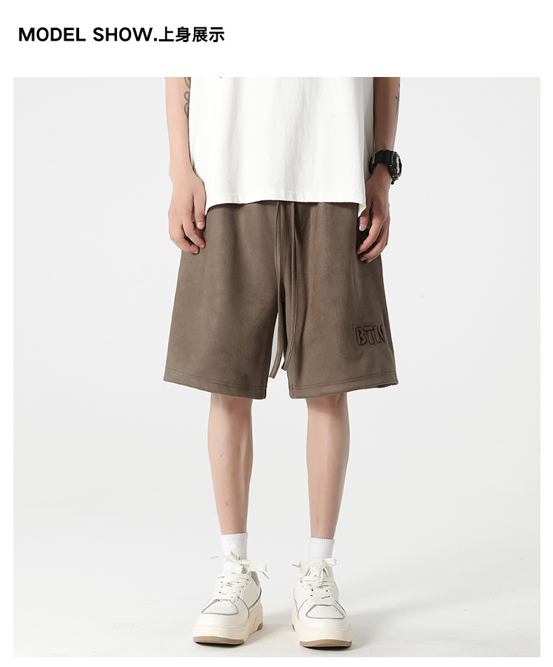 休闲短裤男生夏季新款麂皮绒宽松弹力五分裤美式钢印直筒运动裤子 pic 4