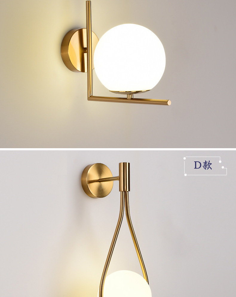 Crossover nórdico simple aplique de pared hierro forjado dorado cobre electrochapado cristal natural bola led dormitorio lámpara de cabecera pic 11