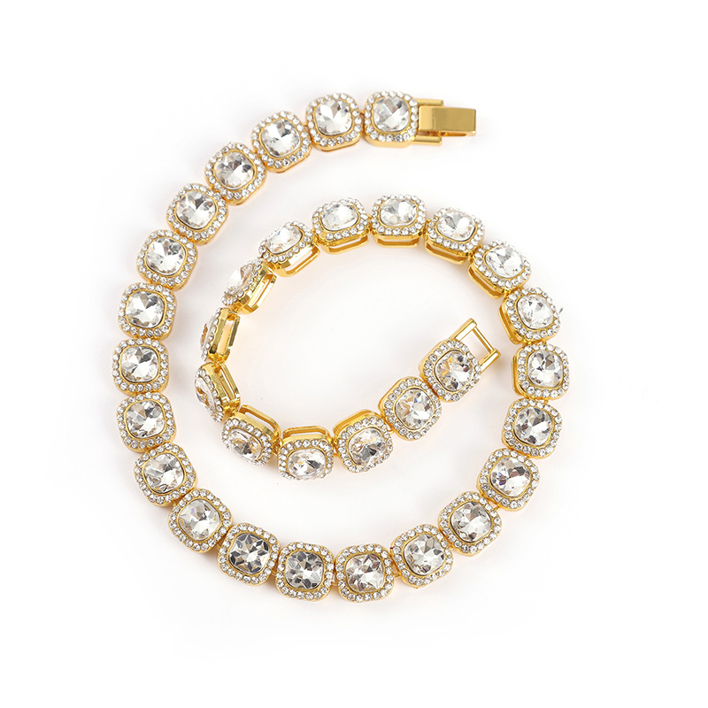 欧美合金线条古巴链镶钻手链13毫米满钻男女士嘻哈风镀金项链详情4