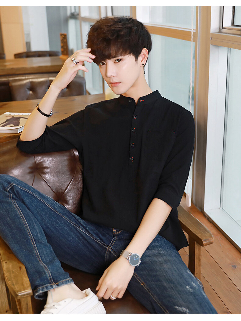 衬衫男士夏季韩版潮流帅气休闲百搭亚麻上衣七分短袖男装白色衬衣详情9