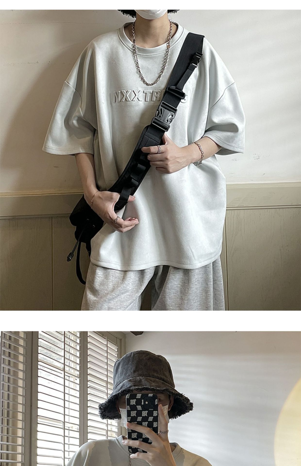 麂皮绒重磅压印t恤男夏季小众设计感五分短袖宽松百搭体恤上衣服详情17