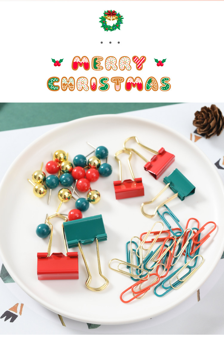 Christmas creative paperclip, long-tail clip, four-compartment round box stationery set, red, green and gold cultural and creative binding gift pic 2