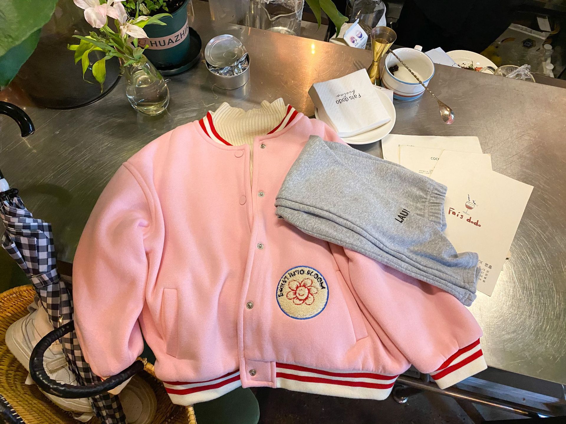 TCkids2022AW Autumn/Winter Edition fleece thickened embroidered label pink baseball jacket pic 4