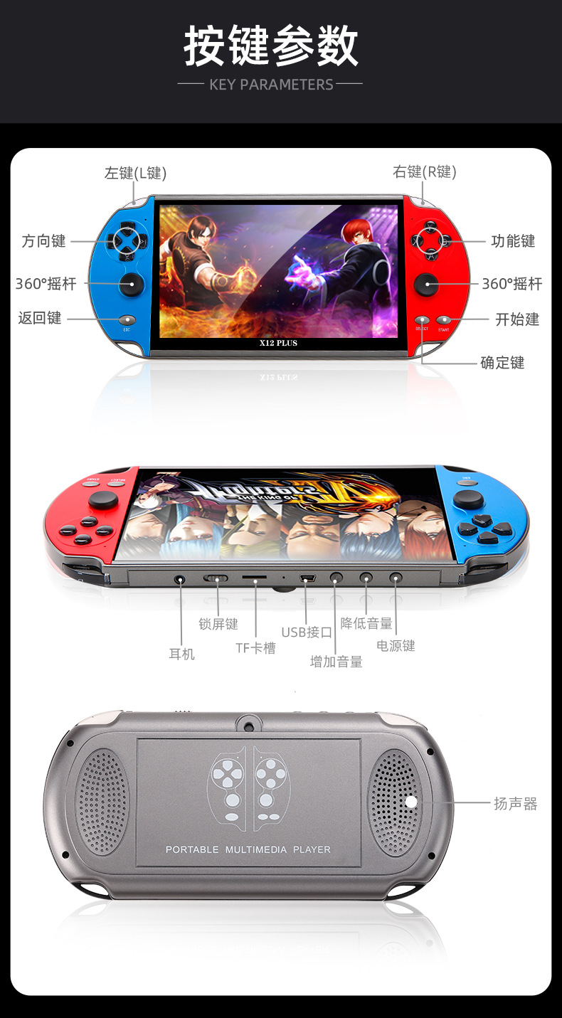 工厂直销 高品质 X12Plus双摇杆游戏机 7寸高清大屏PSP掌上游戏机 16G怀旧街机掌机详情12