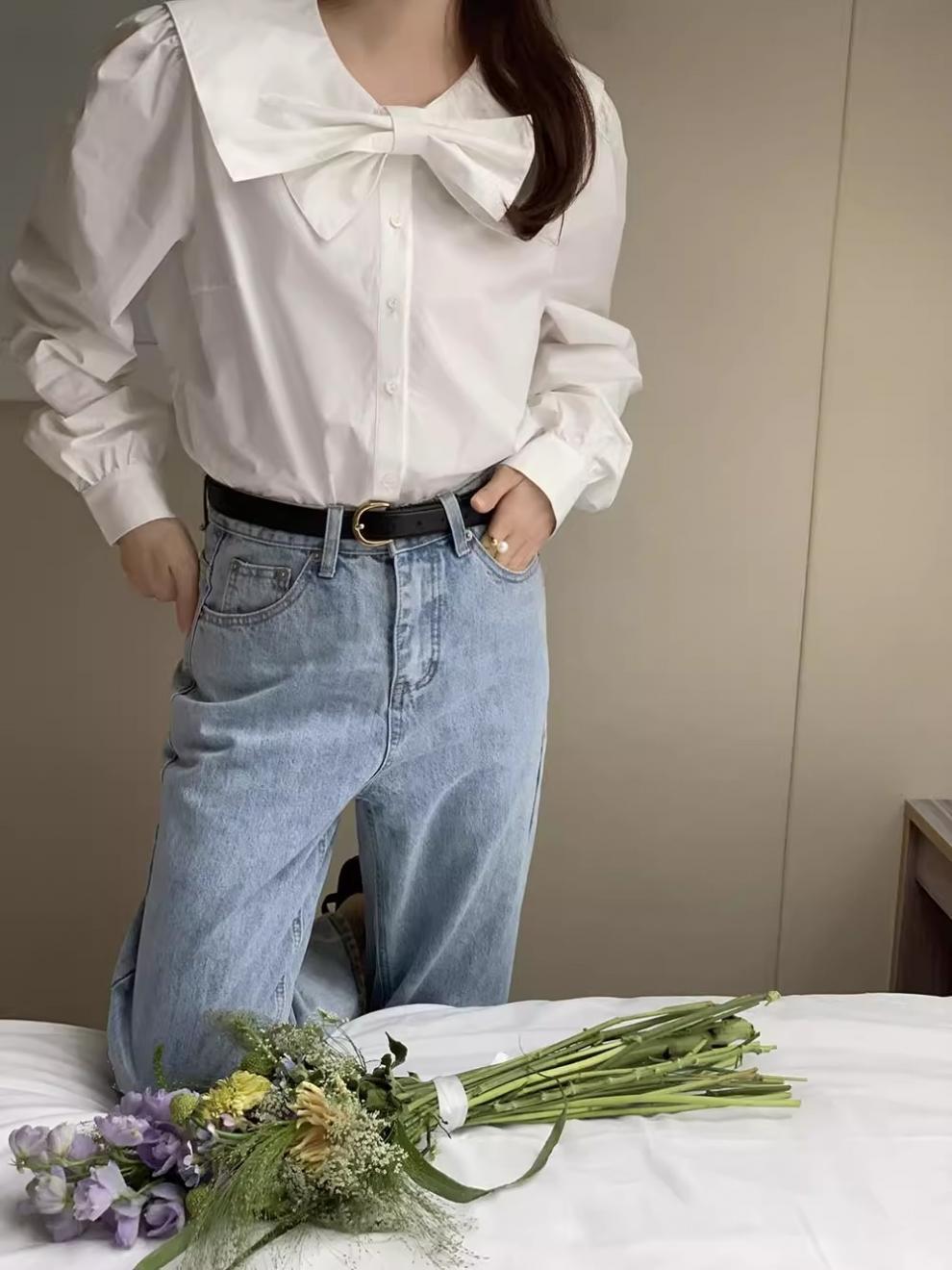韩系设计感小众蝴蝶结娃娃领白色衬衫女2024春秋新款内搭别致上衣详情7