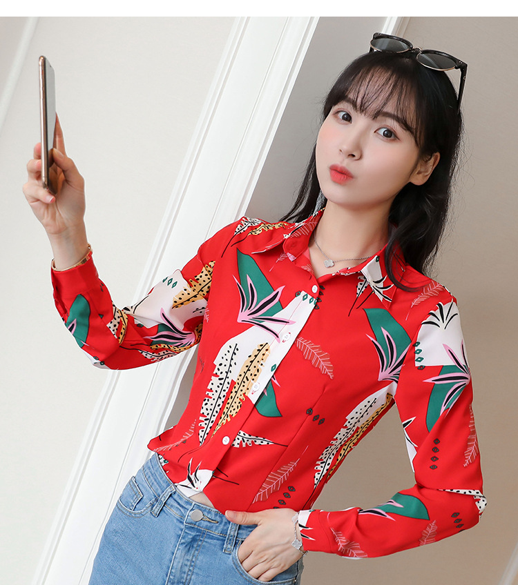 New spring and autumn Korean-style slim-fit shirt for women, long-sleeved printed striped trendy base layer, Hong Kong-style top for women pic 84