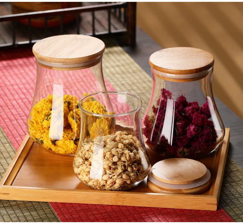 Inicio vidrio de alta borosilicato de forma especial latas herméticas al por mayor tapas de bambú latas de té latas de almacenamiento botellas de almacenamiento de dulces pic 16
