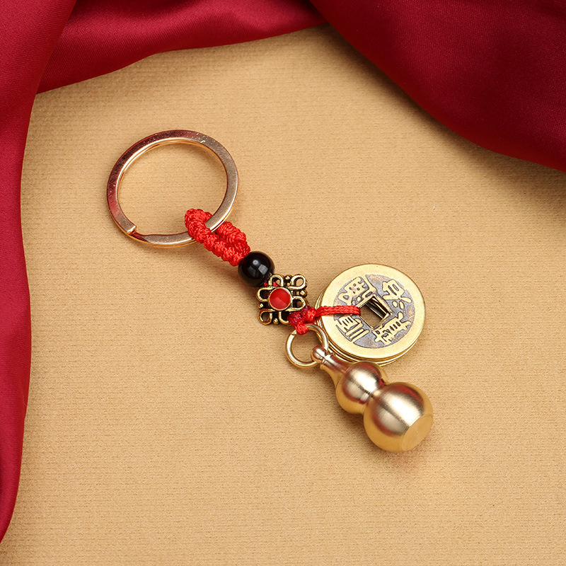 Brass hollow gourd key chain, cinnabar bottle with open lid, copper gourd Five Emperors coin key pendant, direct supply from the manufacturer pic 11