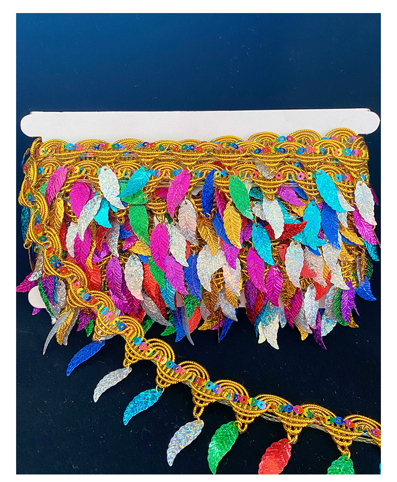 现货供应七彩镭射树叶贝壳花边亮片宝塔流苏民族服装配饰DIY辅料详情5