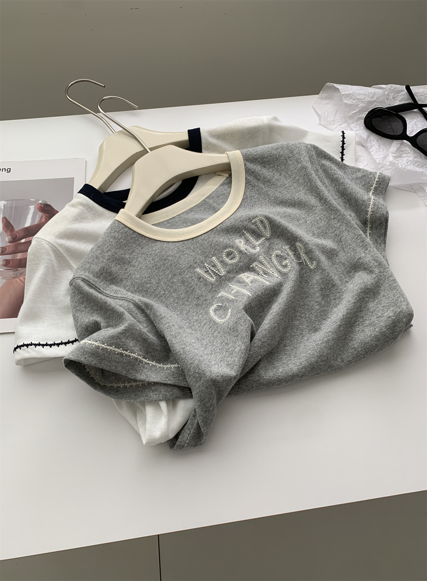 Summer thin, breathable snowflake cotton letter-shaped T-shirt for women, color-blocking round-neck lace embroidered loose short-sleeved top pic 10