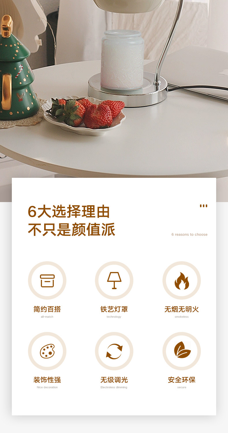 欧式简约香薰融蜡灯铁艺木艺桌面小夜灯浪漫床头灯无火精油融烛灯详情3