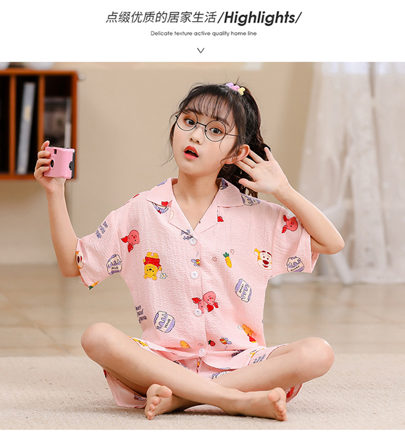 2023女童睡衣儿童夏季短袖短裤泡泡绉布套装女孩开衫大童家居服夏详情30