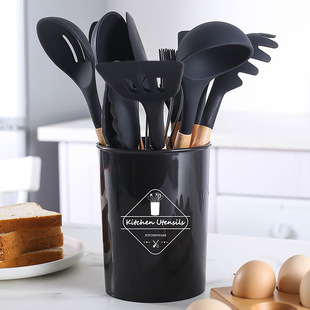 Cross-border best-selling 12-piece set of wooden handle kitchenware, FDA silicone non-stick cookware, cooking spatula and baking set with storage bucket pic 3