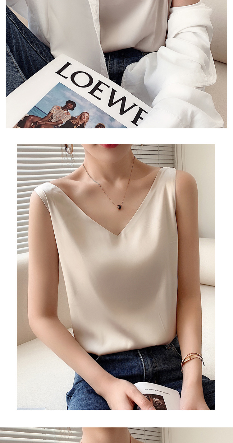 Chaleco halter mujer verano cuello V traje interior y exterior chaleco de seda polainas blancas satén morera seda halter mujer pic 15