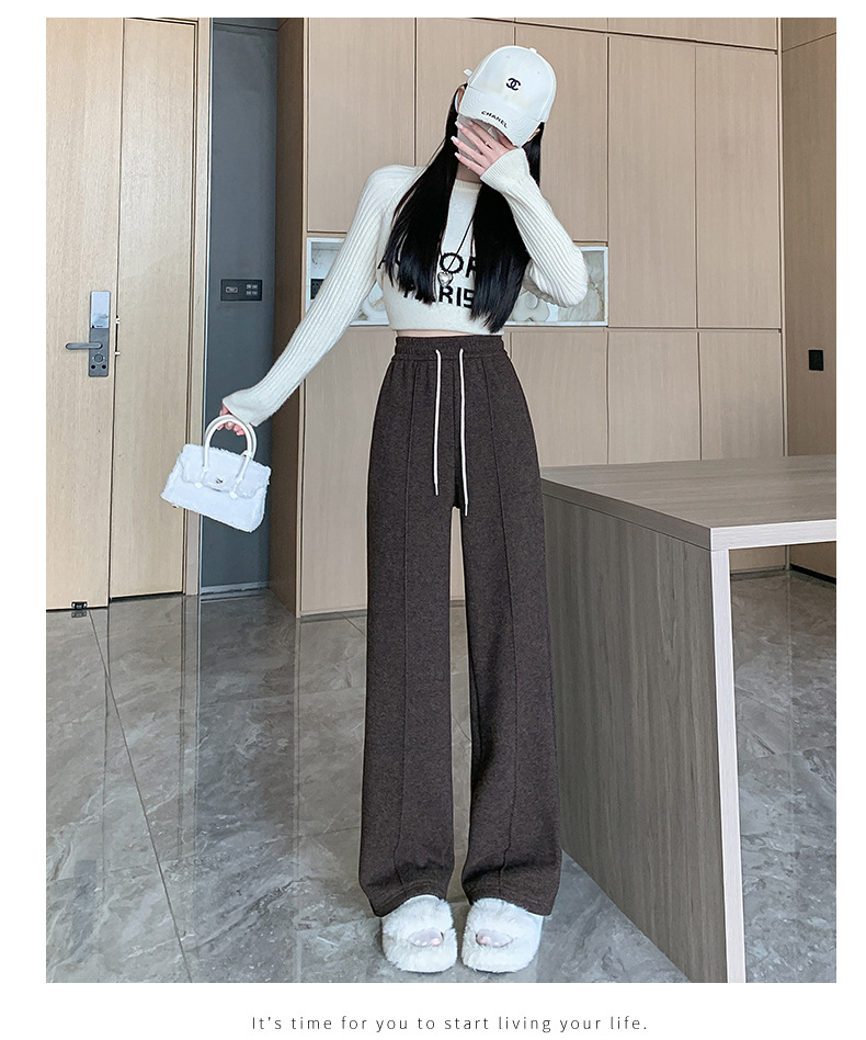 灰色直筒裤女秋冬裤子2024新款人字纹毛呢裤长裤羊羔绒窄版阔腿裤详情17