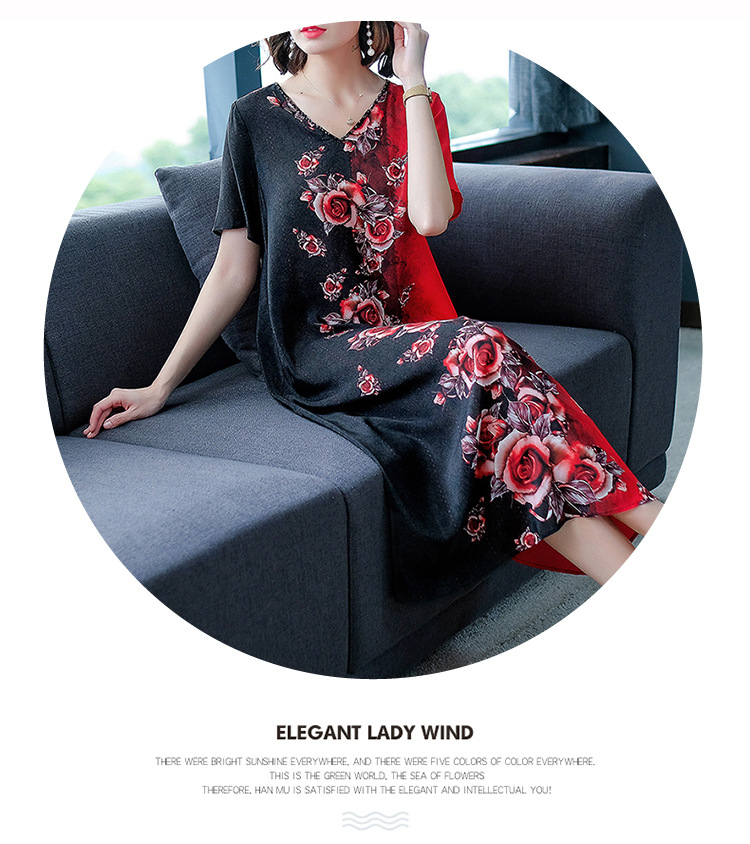 批发V领印花连衣裙女2021夏季新款阔太太大码遮肚桑蚕丝裙子潮详情6