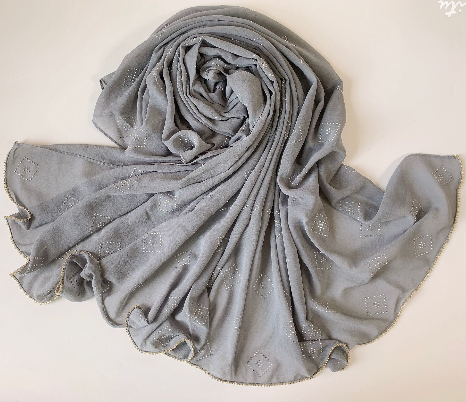 花边烫钻纯色雪纺盖头纱巾珍珠穆斯林女长巾新款详情8