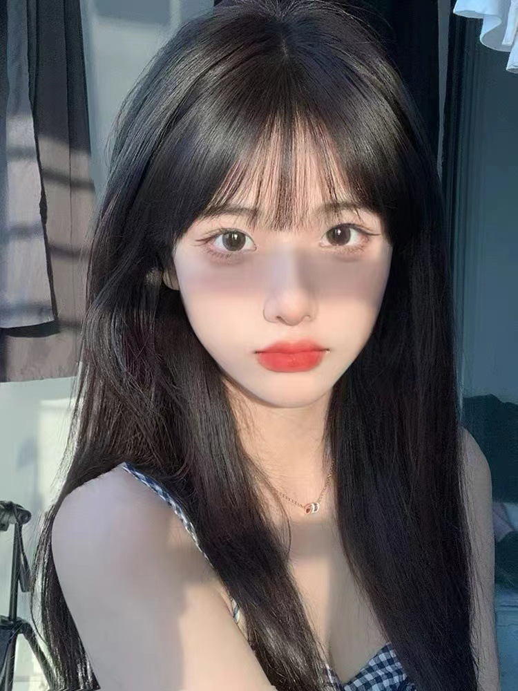 The bangs of the Internet celebrity, pure desire style, black long straight hair natural wig, female full head set, white and gold wig, long straight hair Barbie pic 14