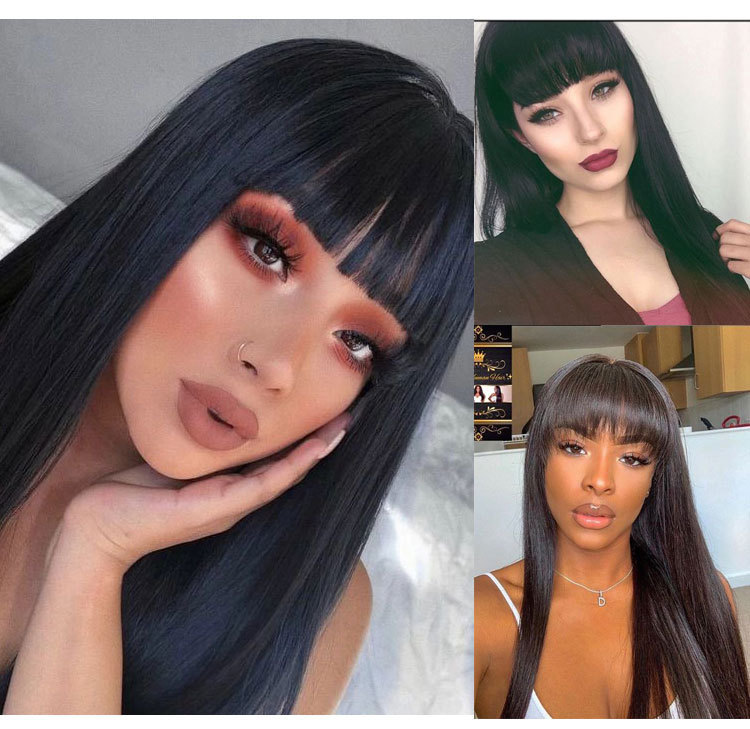 Wholesale of European and American cross-border wigs with straight bangs and long, straight hair made of high-temperature synthetic fiber pic 2