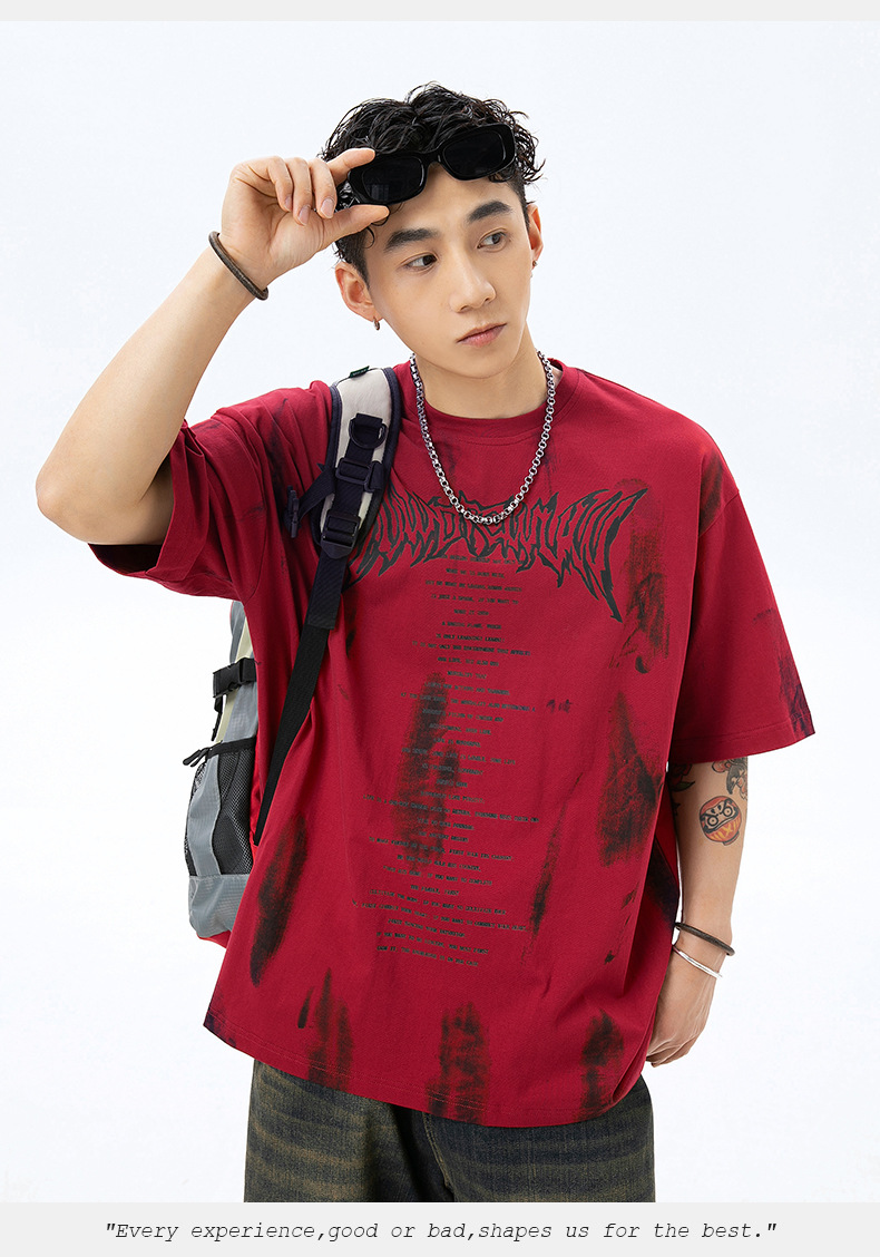 手绘印花纯棉T恤男2024夏季美式休闲情侣短袖做旧擦色复古体恤衫q详情10