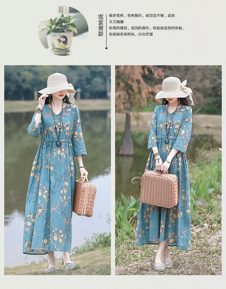 2024夏季新款中年妈妈复古文艺印花棉麻收腰连衣裙宽松大摆长裙女详情19