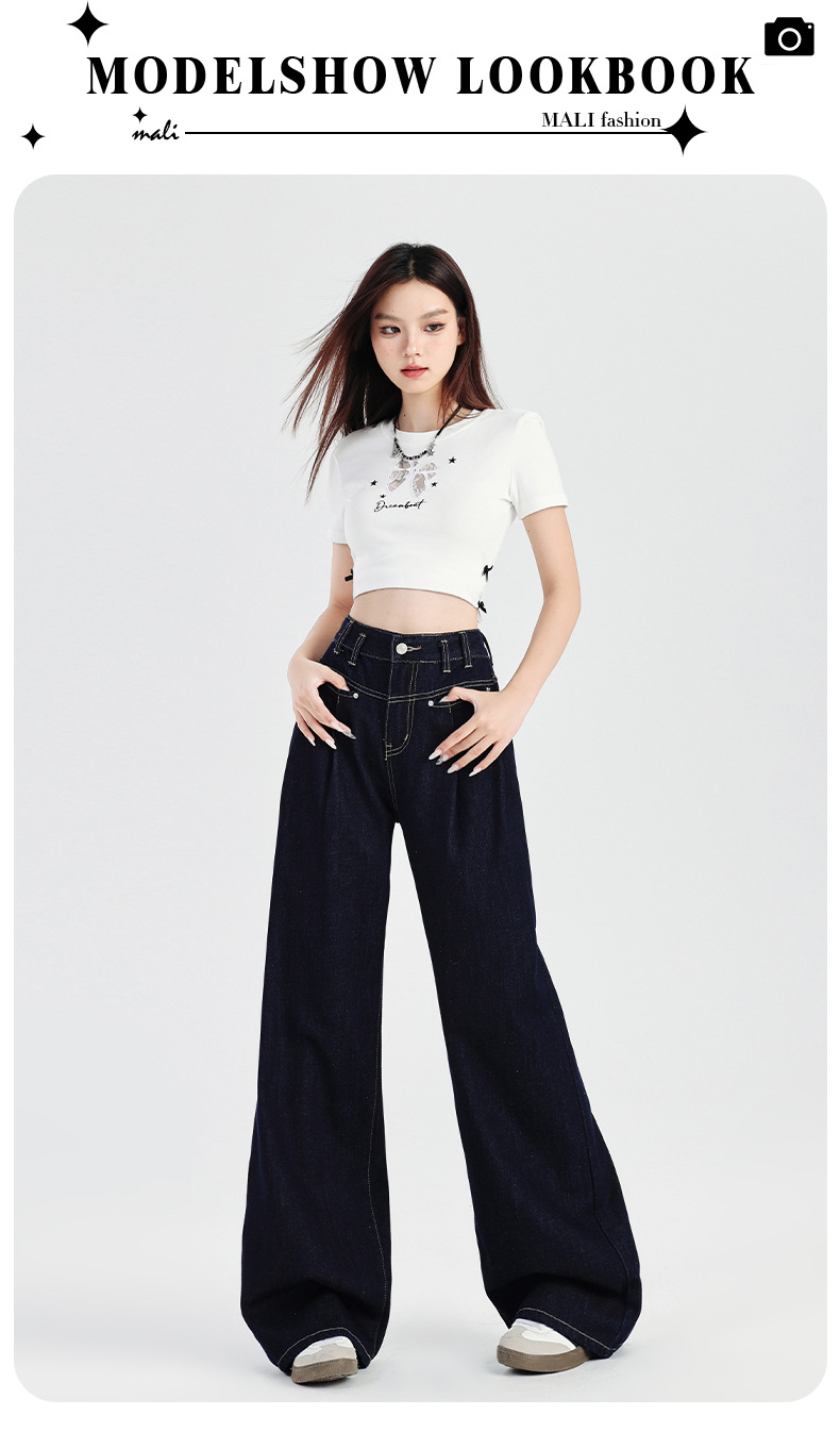 慵懒风褶皱宽松阔腿牛仔裤女2024夏季新款高腰垂感显瘦直筒拖地裤详情2
