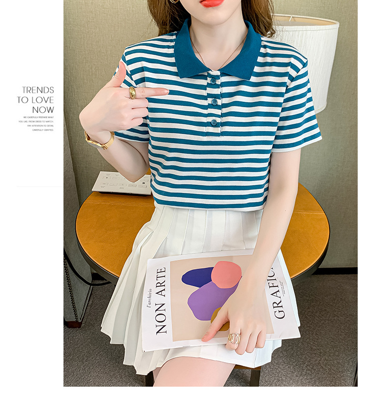 Verano coreano versión rayas mujer commuter patchwork color polo cuello manga corta camiseta mujer diseño sentido moda legging pic 12