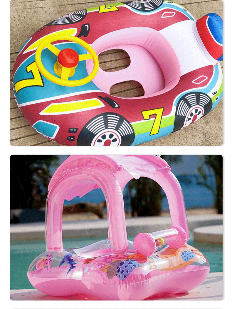 跨境卡通汽车坐艇PVC带方向盘泳圈铃铛遮阳座艇充气坐圈详情6
