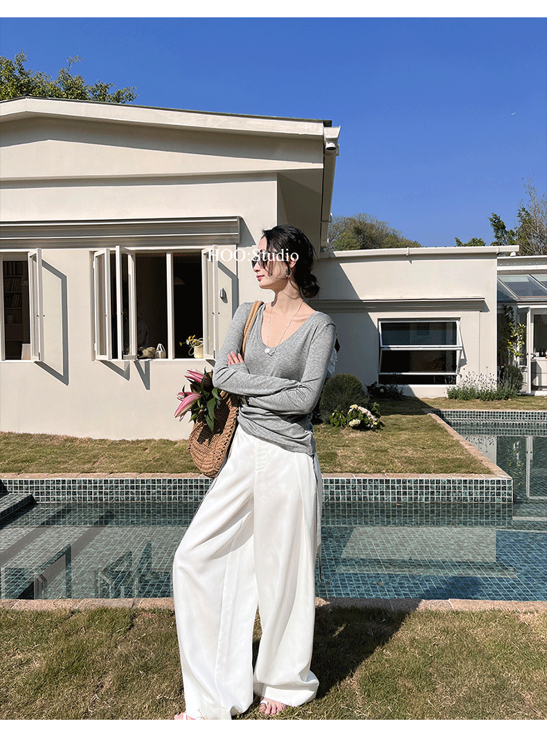 Early spring new collection of 2025, a simple and laid-back two-wear T-shirt with a basic U-neck and a large ribbon for women pic 10