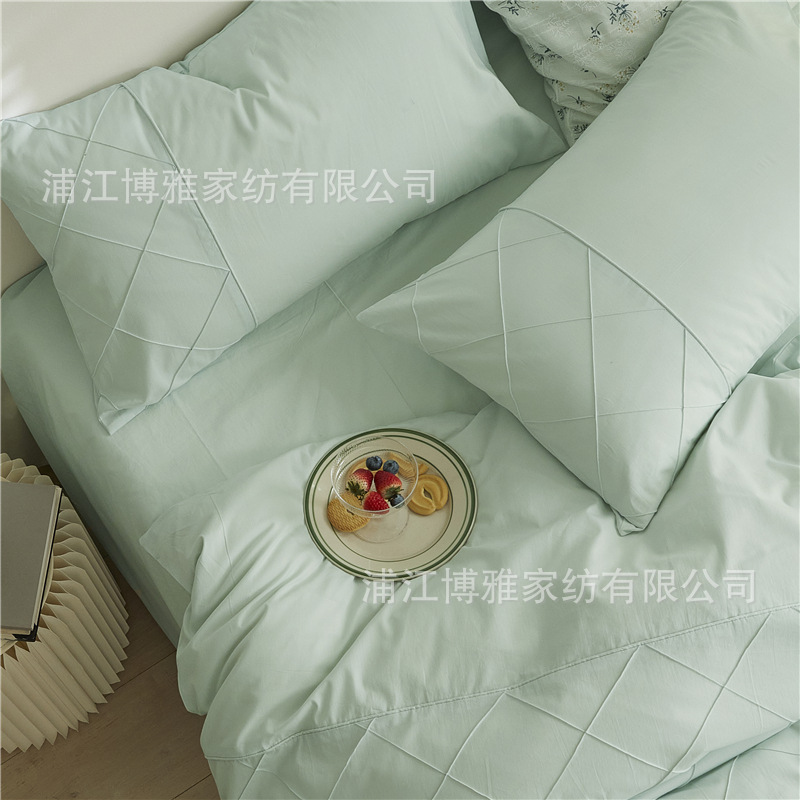Wholesale of high-quality three or four-piece sets of washed cotton 40-count hand-knitted rhombus-shaped checkered plain pure cotton bedding pic 53