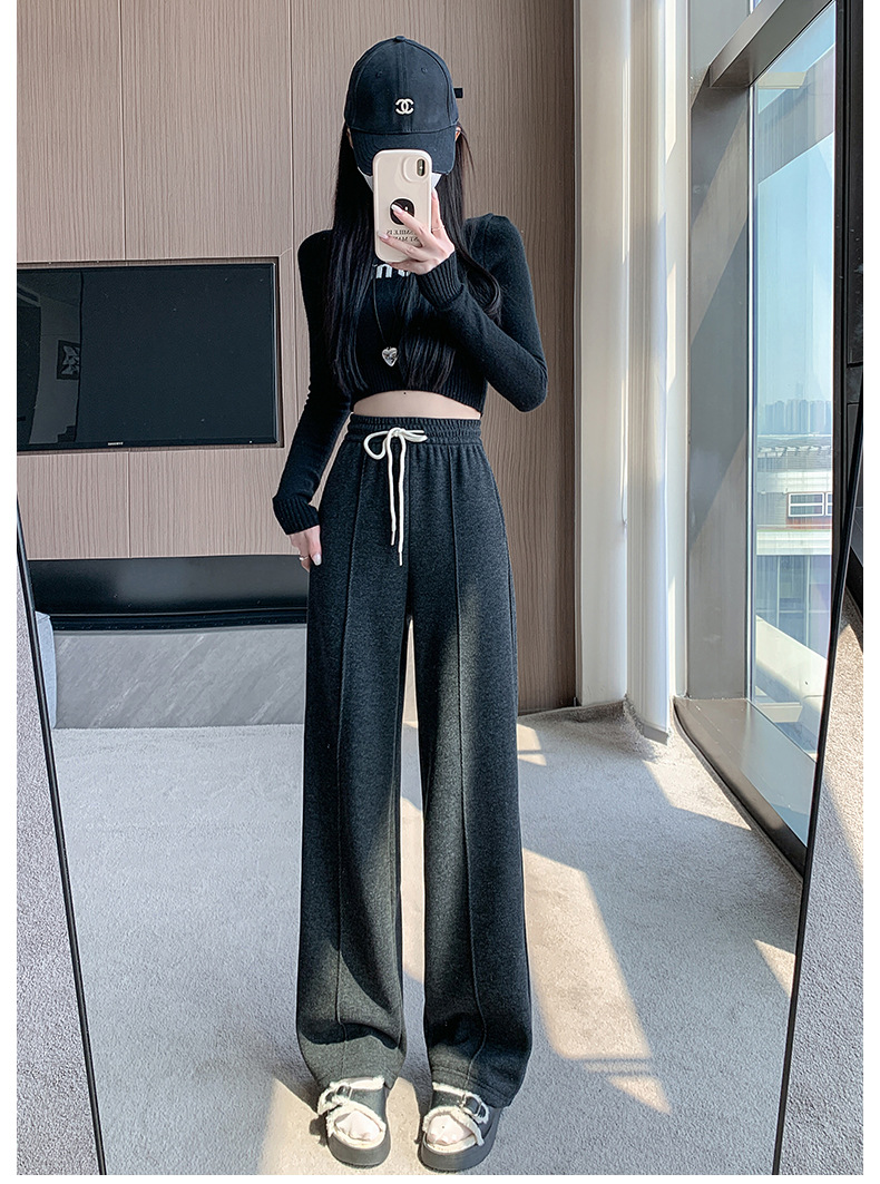 灰色直筒裤女秋冬裤子2024新款人字纹毛呢裤长裤羊羔绒窄版阔腿裤详情33