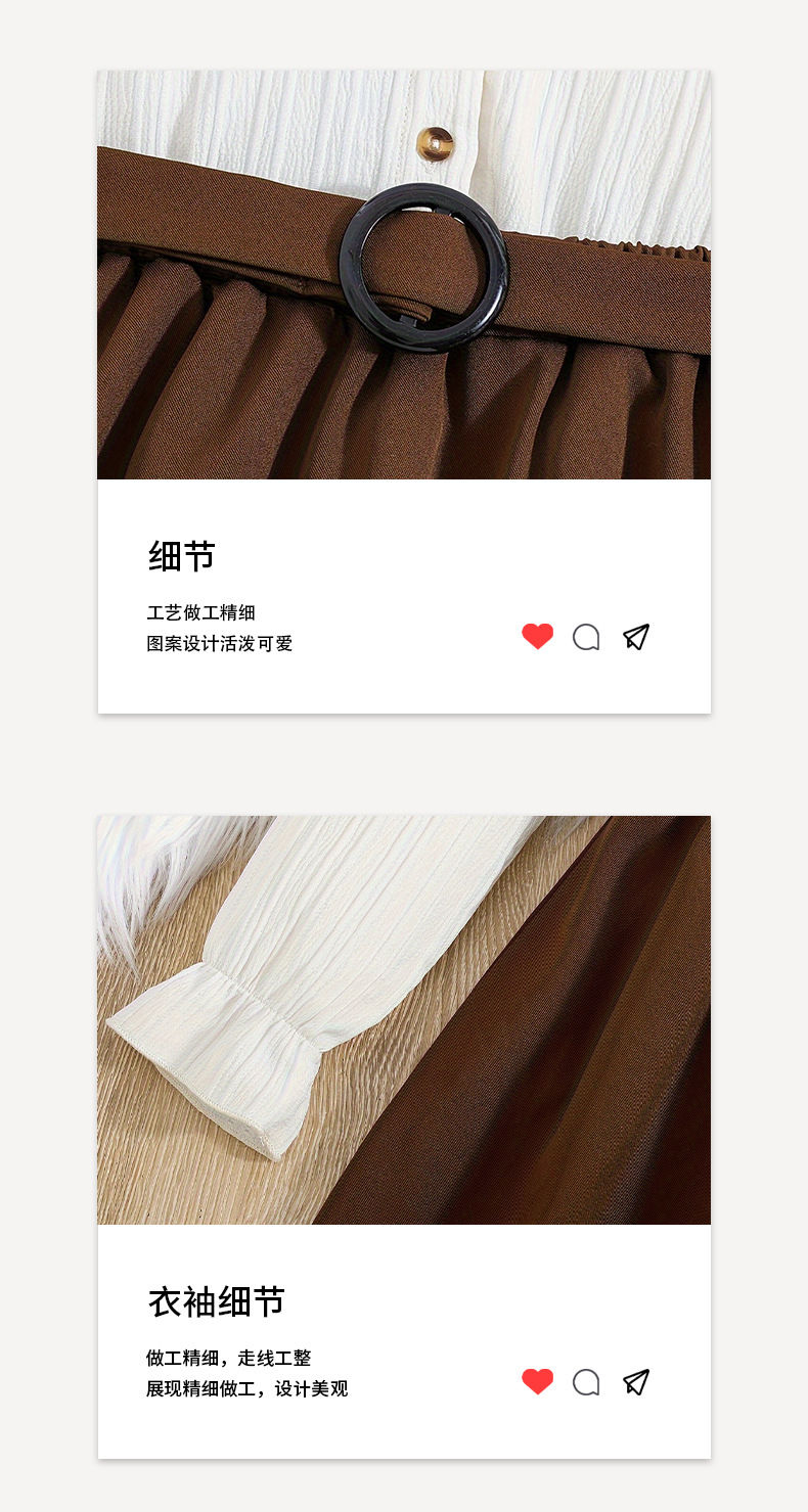 外贸秋季女童连衣裙棕色百褶裙拼接花边袖口飞袖可爱儿童长袖裙子详情4