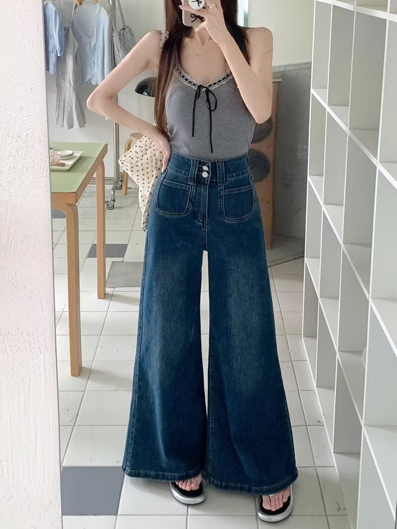 2024春秋季新款蓝色高腰宽松牛仔裤女时尚爆款设计感阔腿直筒长裤详情14