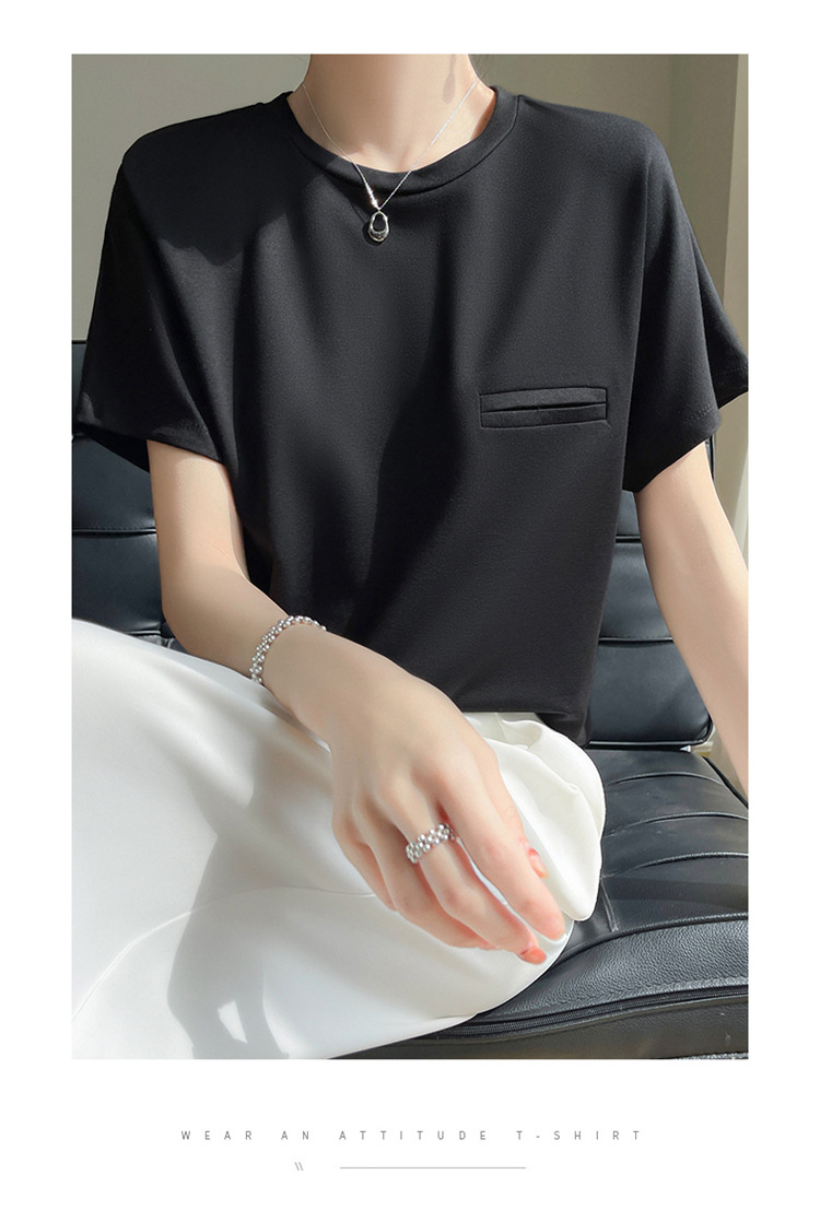 夏季丝光棉纯色短袖女简约设计感口袋圆领T恤宽松时尚百搭上衣详情19