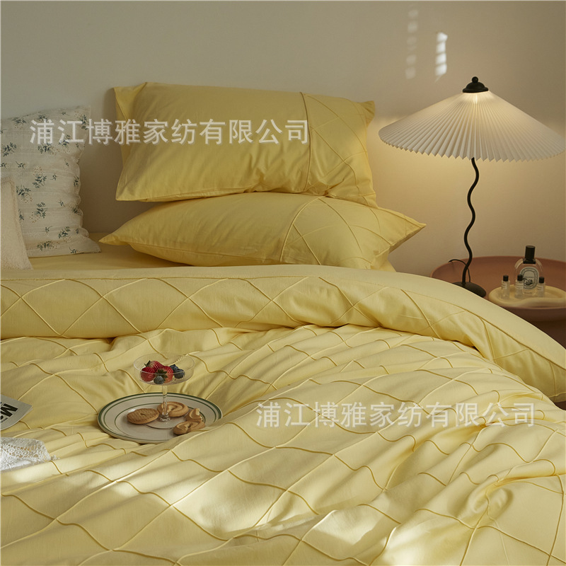 Wholesale of high-quality three or four-piece sets of washed cotton 40-count hand-knitted rhombus-shaped checkered plain pure cotton bedding pic 35
