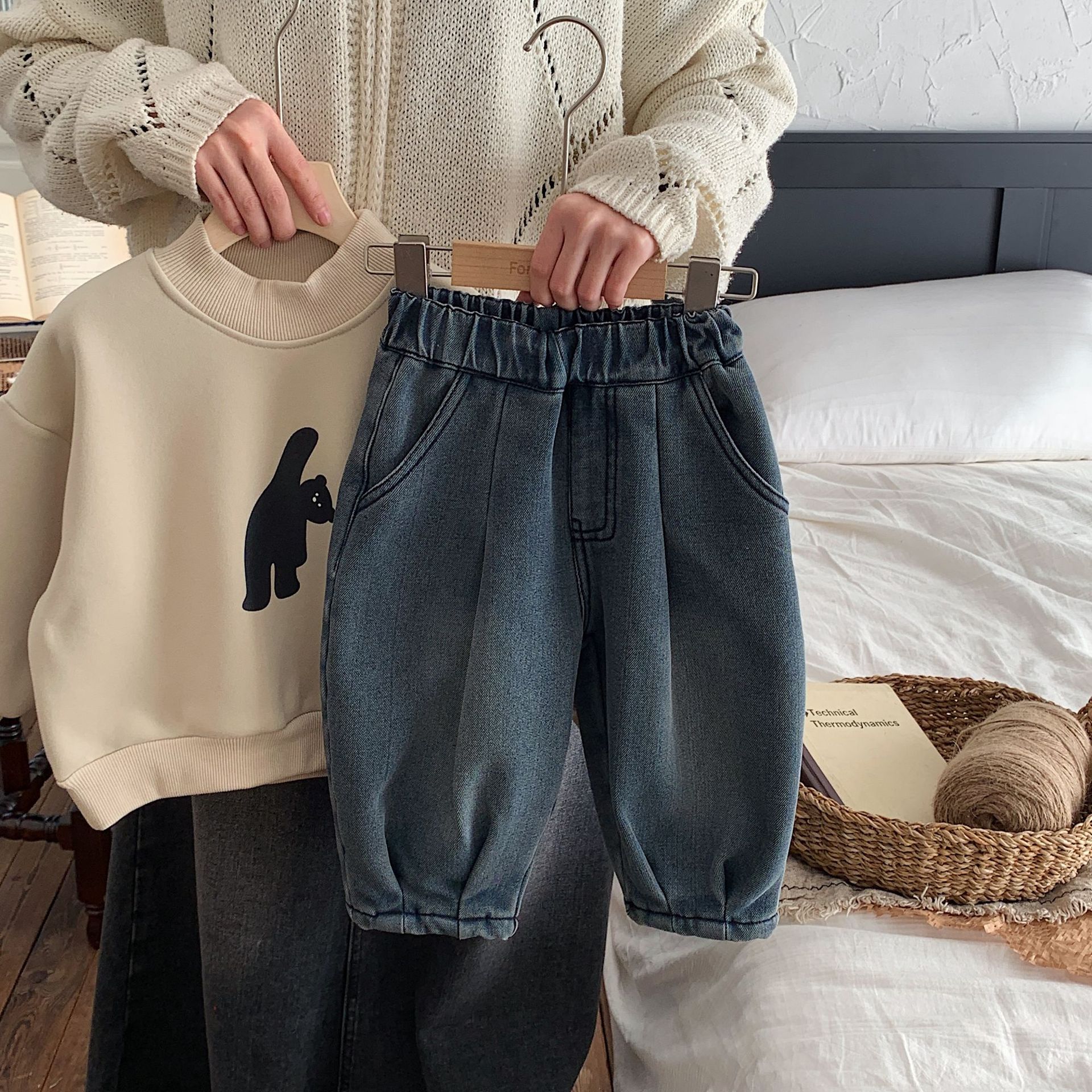 韩版男童加绒牛仔裤2023冬装儿童一体绒裤子男孩冬保暖小童收脚裤详情1