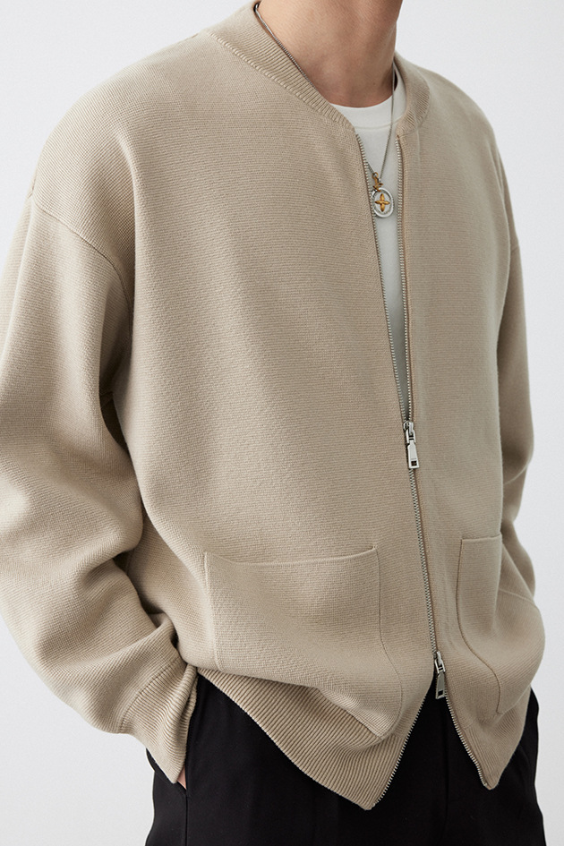 韩版潮流重磅双向拉链针织开衫简约休闲棒球领夹克毛衣外套男新款详情3