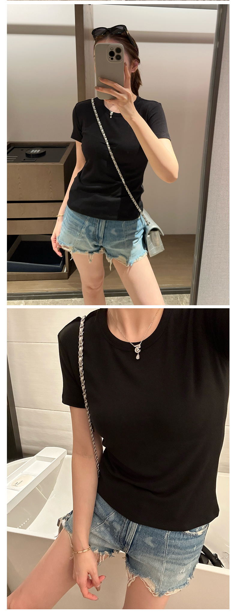 圆领短袖正肩百搭修身纯色羊绒基础t恤夏季紧身套头白色 打底衫女详情11