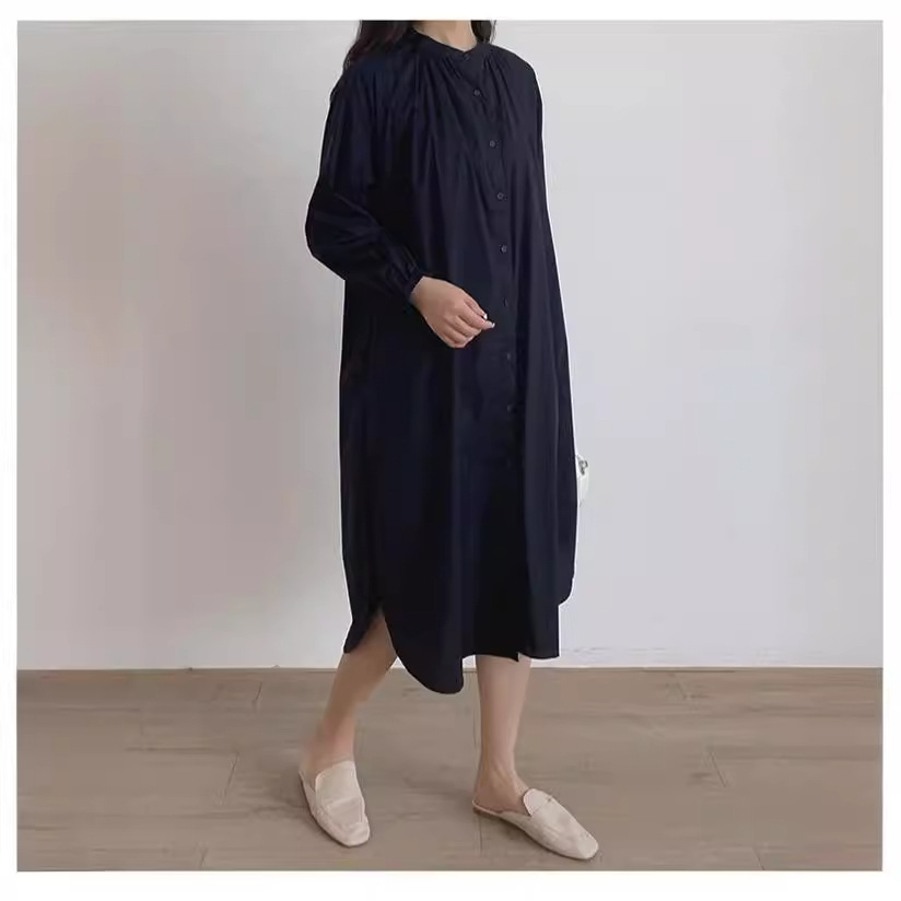 跨境货源女装韩版新品chic连帽宽松长款连衣裙大码休闲衬衣长裙详情18