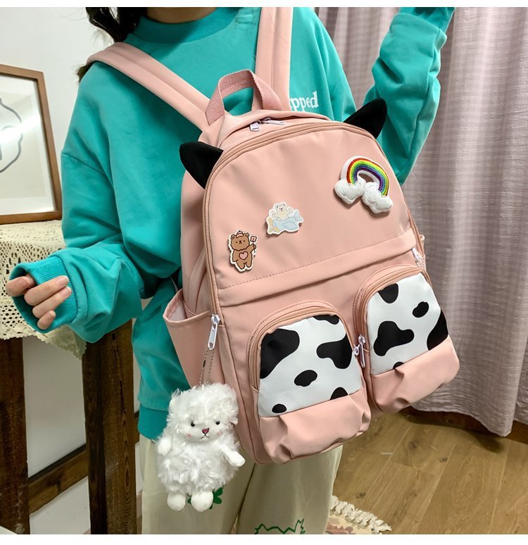 Japanese-style ins campus school style, fresh and cute, cute cow with earbuds, soft girl schoolbag, funny student backpack pic 12