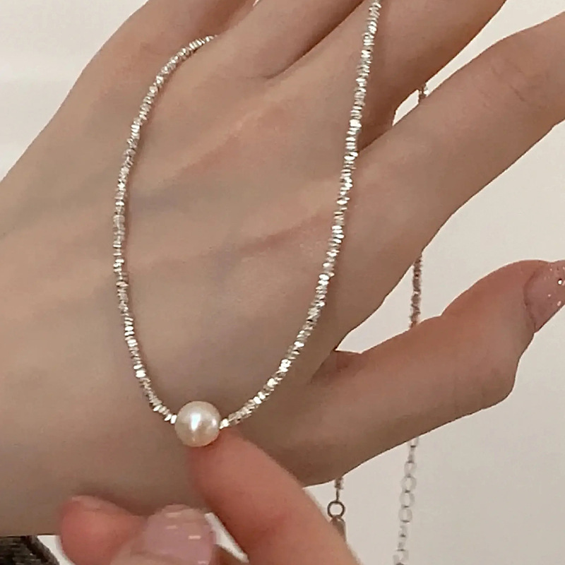 925纯银单珍珠碎银子手链项链女不规则方块手串复古法式超闪INS风详情19