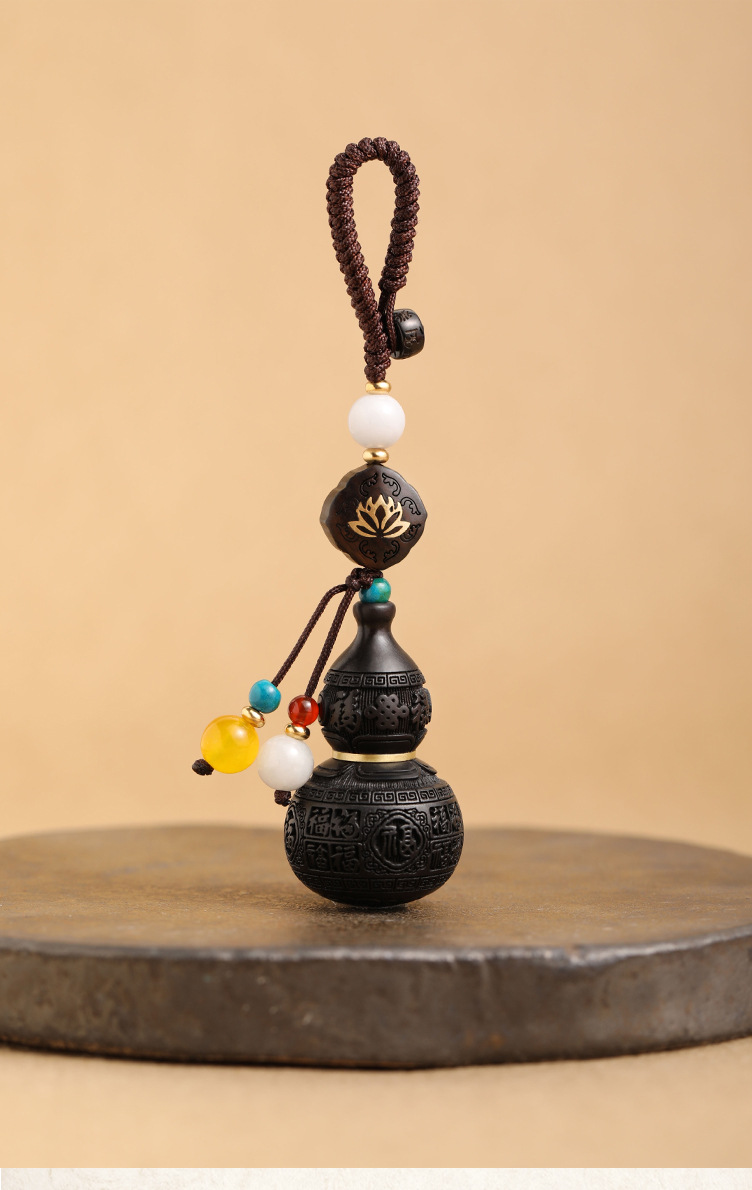 Car keychain wood carving pendant, natural ebony Baifu gourd peace keychain hanging accessory, small pendant for men and women pic 15