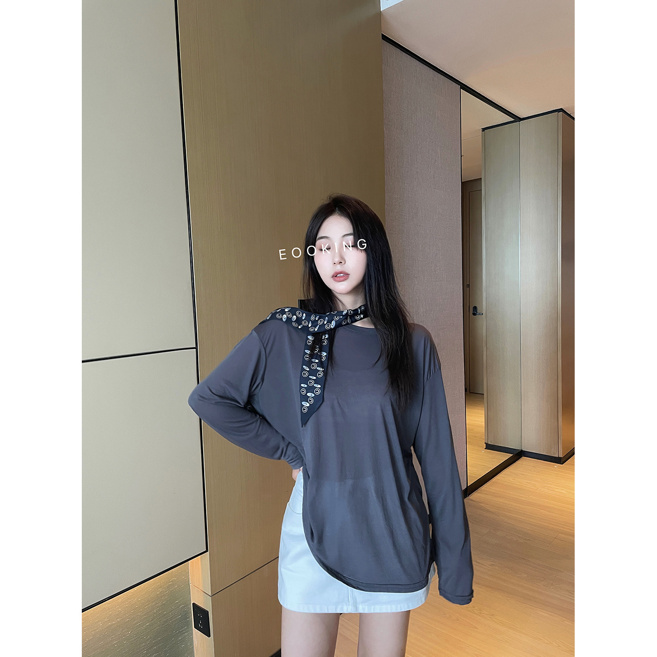 子川蓝色系清凉垂感工装裤女2024夏季新款松紧腰百搭直筒长裤8656详情4