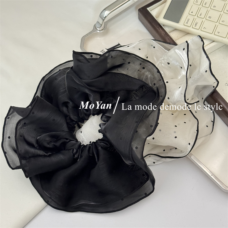 Double-layer fluffy cloud polka dot pearlescent gauze large intestine hair band, elegant bun hairstyle hair tie 2024 ponytail hair tie hair accessory pic 4